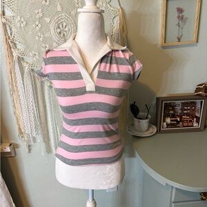 Y2K Striped Pink and Gray Women's Polo Top